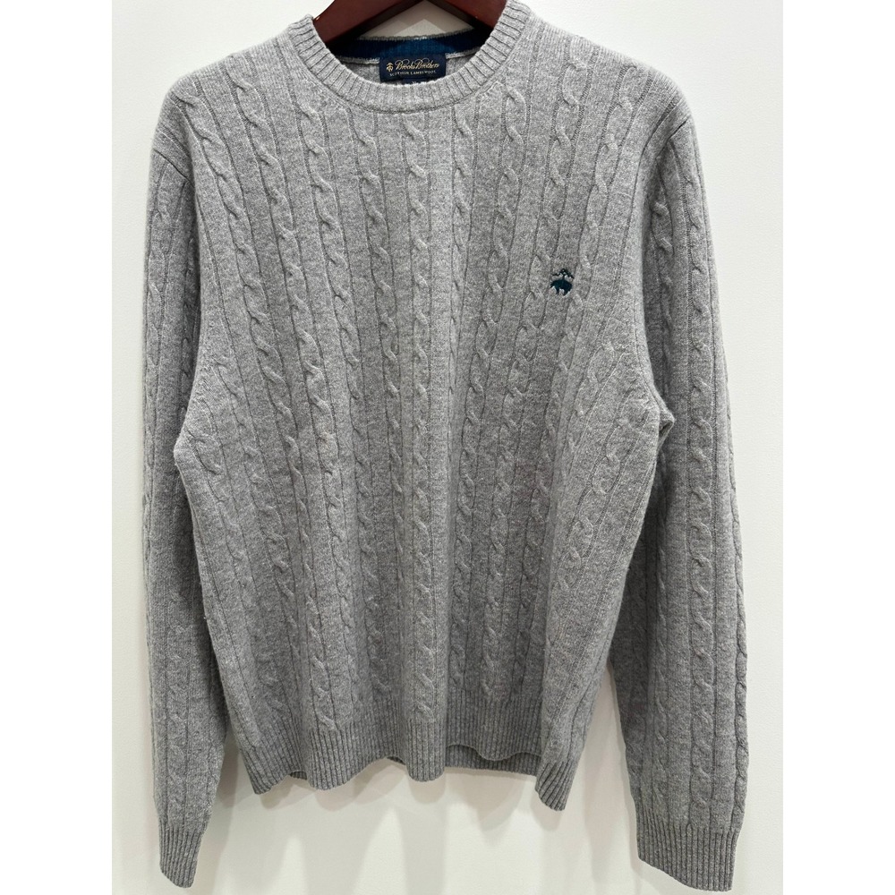 Brooks Brothers Scottish Lambswool Cable Knit Sweater Mens XL Gray Crewneck